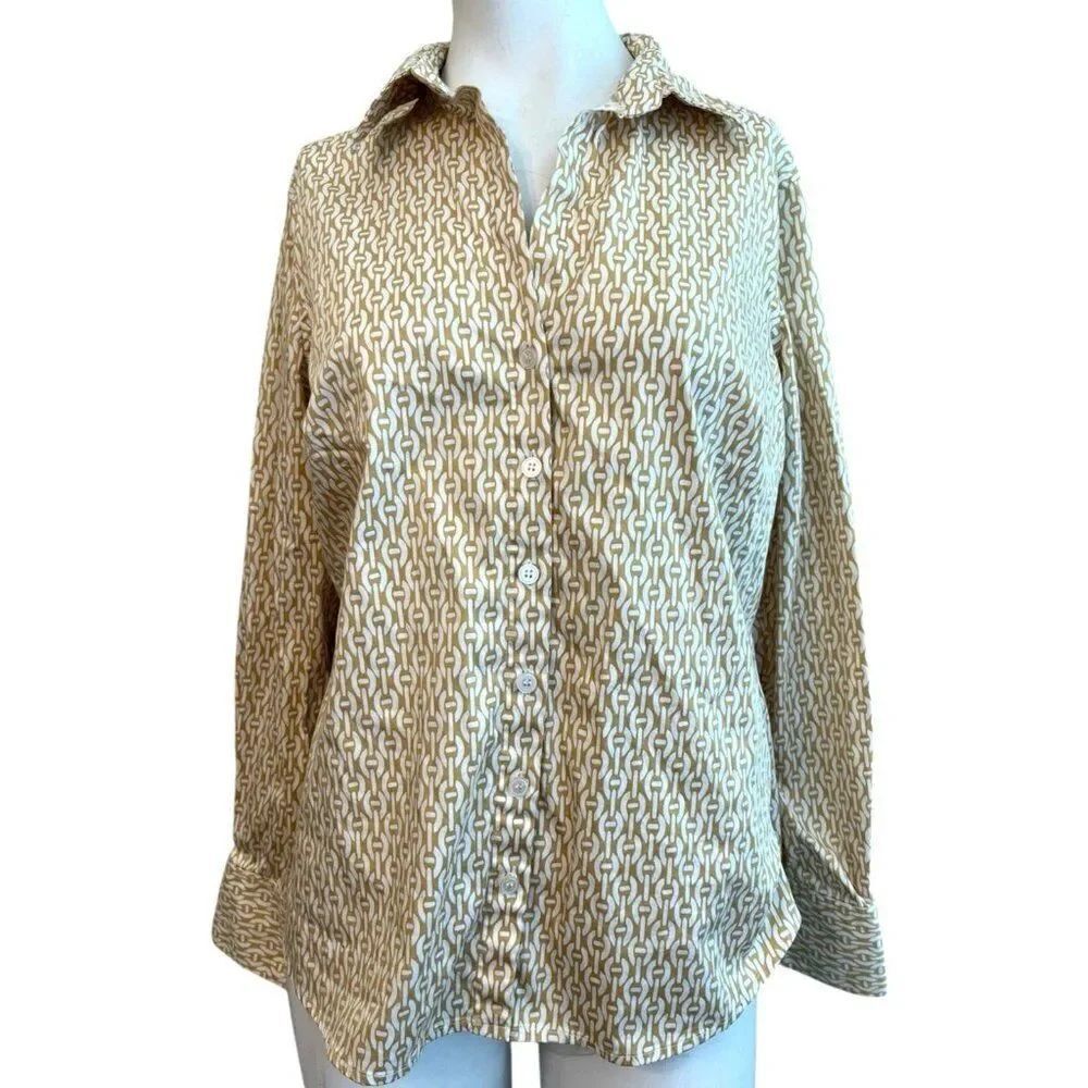Liz & Co Ladies Medium Gold Chain Links Button Down Shirt Long Sleeve Stretch